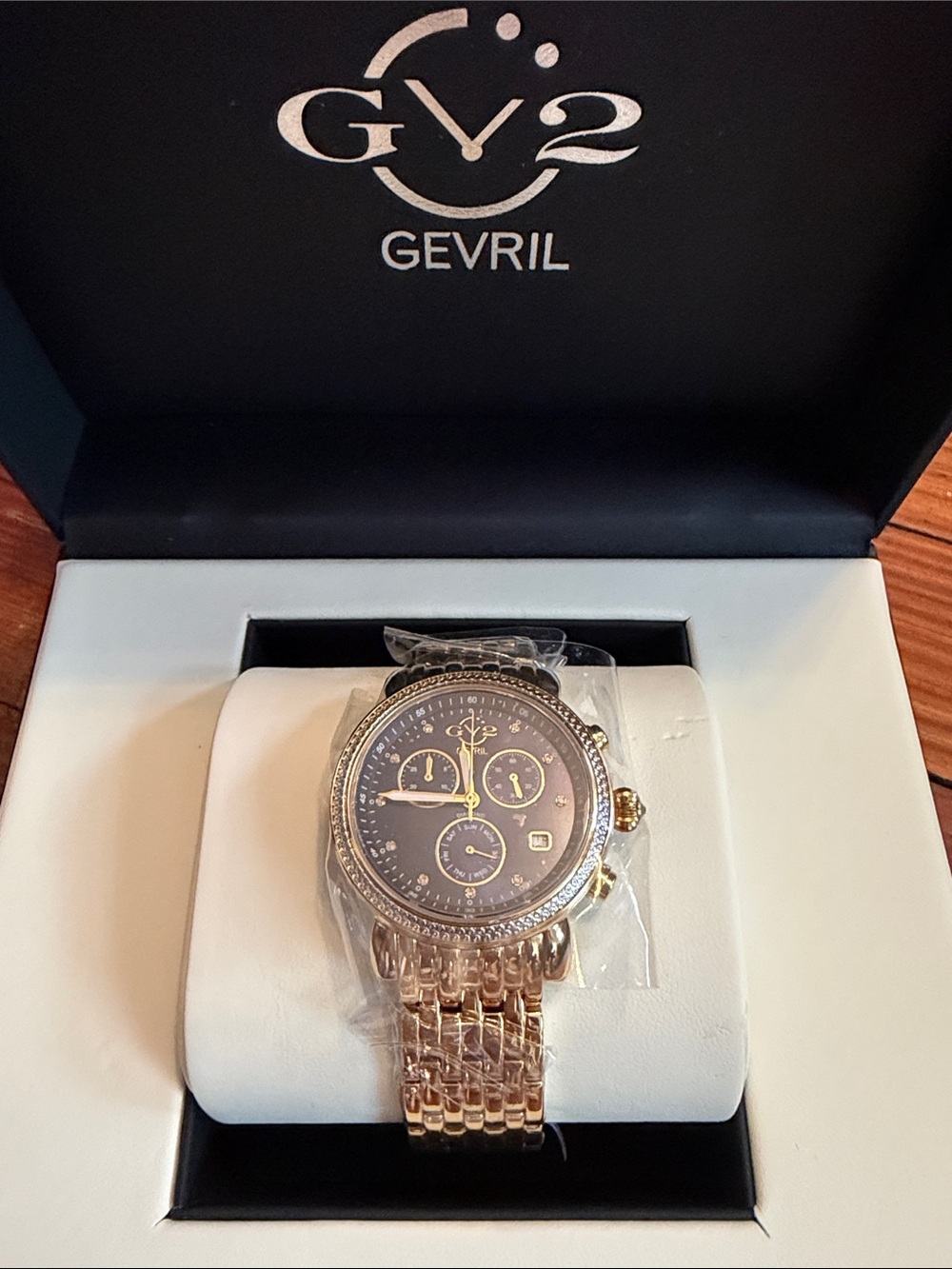New in Box Gevril GV2 Ladies Gold Chronograph Watch with diamonds 36MM